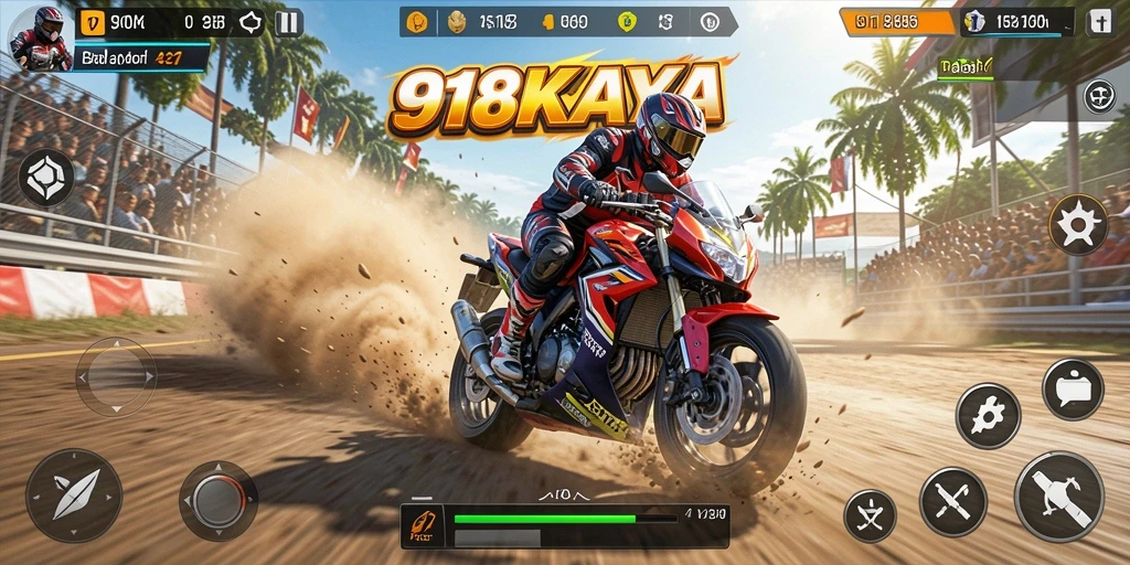 Screenshot gameplay <strong>918KAYA</strong> menampilkan balapan motor seru di lintasan yang menantang.