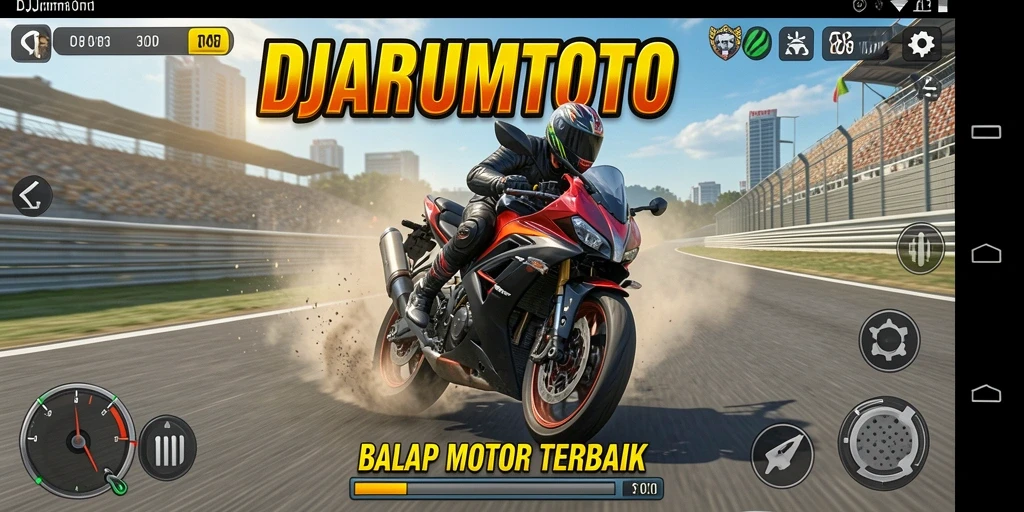 Tampilan gameplay menarik dari DJARUMTOTO saat balapan motor di lintasan.