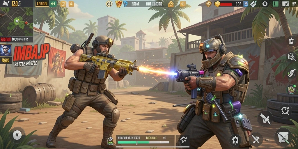 Screenshot utama <strong>IMBAJP</strong> menampilkan aksi pertempuran mendebarkan dalam Battle Royale.