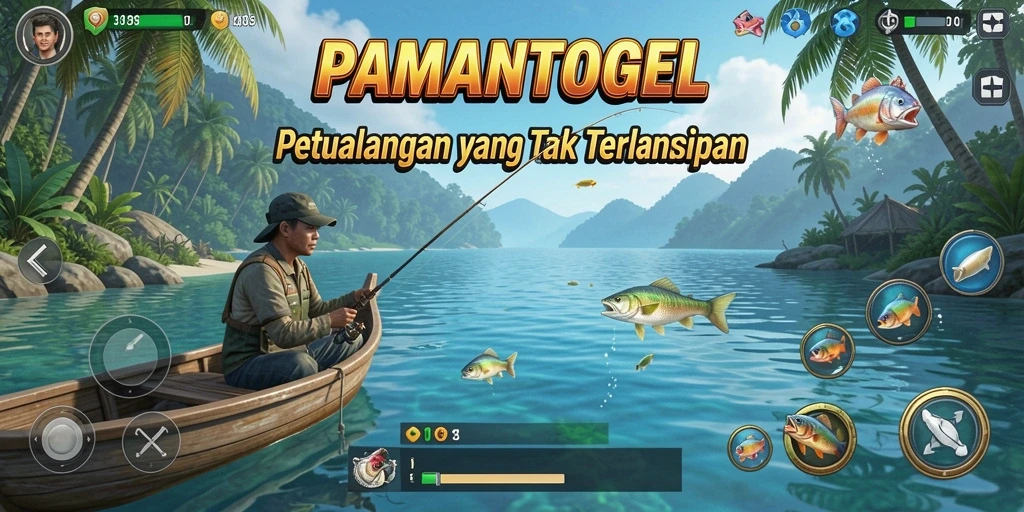 Tampilan gameplay PAMANTOGEL dengan suasana memancing yang menenangkan.