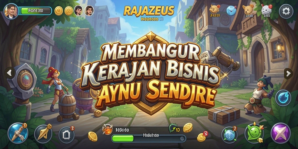 Screenshot gameplay RAJAZEUS menampilkan pembangunan bisnis yang kompleks.